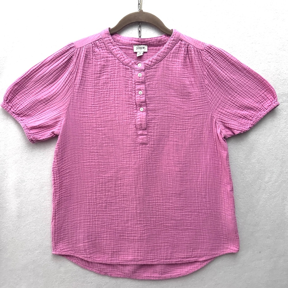 J.Crew Womens M Bubblegum Pink Cotton Gauze Popover Henley Blouse Top